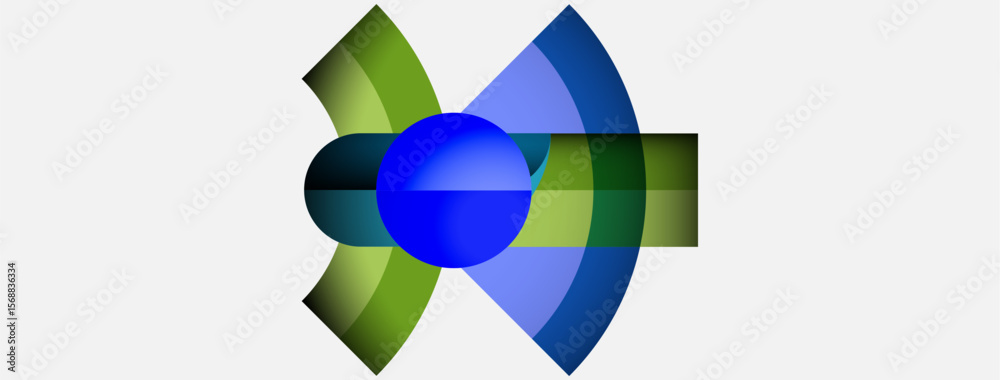 Poster abstract graphic design features overlapping curved shapes. blue, green hues dominate central sphere