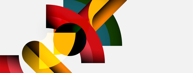 Abstract shapes overlap, creating vibrant color contrasts. Modern design features smooth gradients, curves, dynamic composition.