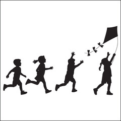 Silhouette of children running and playing with a kite on a white background