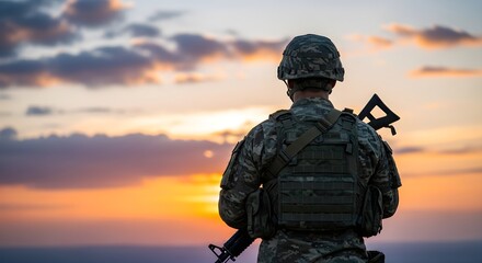 Soldier Silhouetted Against Vibrant Sunset Sky