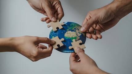 Hands assembling earth jigsaw puzzle teamwork cooperation people globe