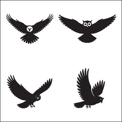 Set of Four Flying Owls in Black Silhouette on White Background