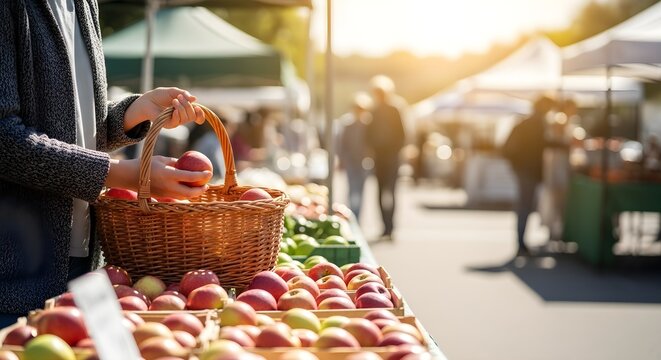 Person Selecting Apples at Farmers Market with Wicker Basket and Sunlight