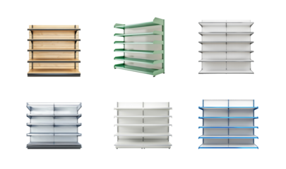 Collection of Empty Supermarket shelve side view isolate on transparency background