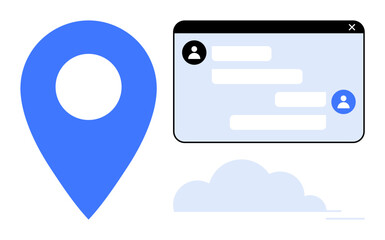 Blue location marker, chat message popup with user icons, and a cloud shape. Ideal for communication, navigation, connection, collaboration, travel, chat apps simple landing page