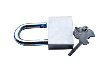Old Unlocked Padlock Silver with key. Used to lock door or fence of house. Isolated on cutout PNG...
