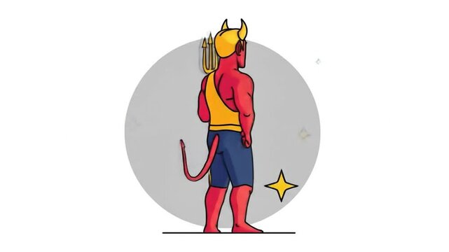 Cartoon Demon Character Standing Confidently Holding Trident with Playful Background