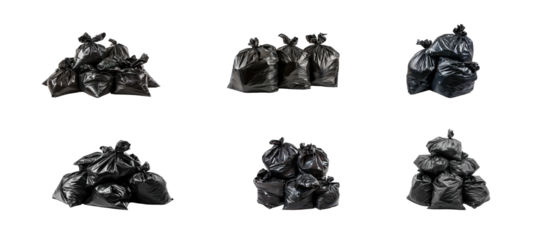 Collection of Pile of black big garbage plastic bags isolate on transparency background