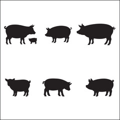 Collection of Pig Silhouettes in Various Poses on White Background