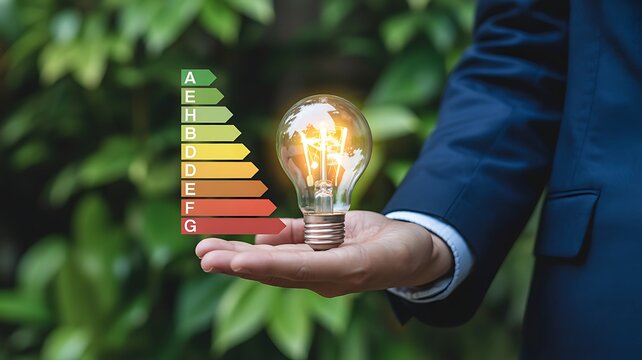 Person holding illuminated light bulb with energy rating chart hand