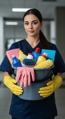 Cleaning Woman Standing Inside a Building Holding a Bucket Filled with Chemicals and Tidying Facilities, vertical orientation.