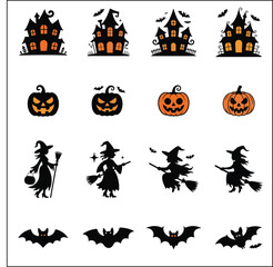 Halloween Vector Icons Set with Haunted Houses Pumpkins Witches and Bats