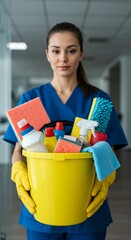 Cleaning Woman Standing Inside a Building Holding a Bucket Filled with Chemicals and Tidying Facilities, vertical orientation.