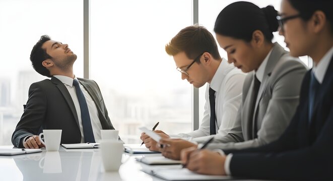Exhausted Businessman Napping During Meeting, Others Focused on Work, Bright Office Light