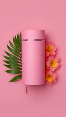 A Bright Pink Cylindrical Container Decorated With Green Palm Leaves and Delicate Orange Flowers Surrounded By A Soft Pink Backdrop