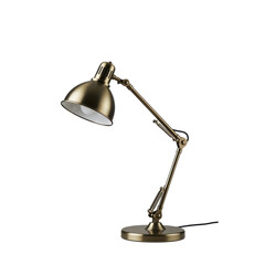 Elegant brass desk lamp illuminating a workspace, with a minimalist background enhancing focus