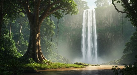 Forest with a large tree in the foreground and a large waterfall in the background