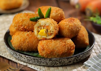 Kroket kentang. Croquettes are lumps of finely mashed potatoes filled with seasoned minced meat and mixed with vegetables such as carrots or green beans. The croquettes are coated with beaten egg and 