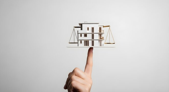 House model balanced on finger with scales, symbolizing real estate market equilibrium