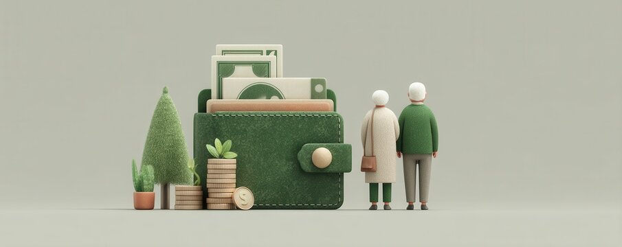 Minimalist illustration of financial planning with elderly people and savings