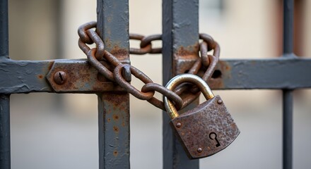 Rusty Padlock Secured on a Metal Gate