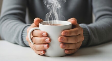 Steaming Coffee Cup Held by Hands, Cozy Warmth and Comfort Concept.