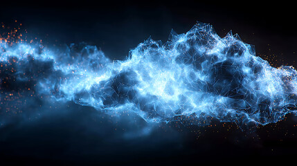 Abstract blue cloud with glowing links, floating in darkness, symbolizing futuristic connectivity and innovation.