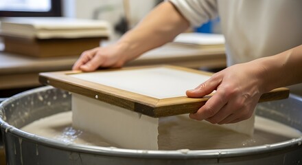 Hands Carefully Removing Handmade Paper from a Vat