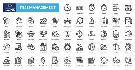 time management line icon set. Clock, Digital Clock, Alarm Clock, Stopwatch, Hourglass, Calendar, Agenda