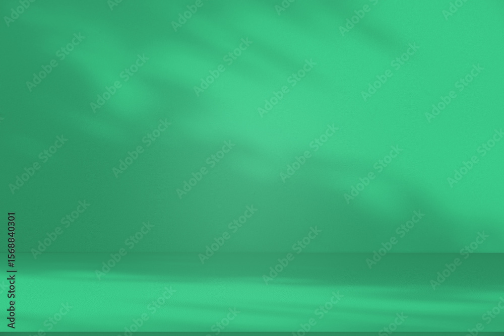 Poster Wall interior background, studio and backdrops show products. with leaf shadow leaf from window color green and white. background for text insertion and presentation of product