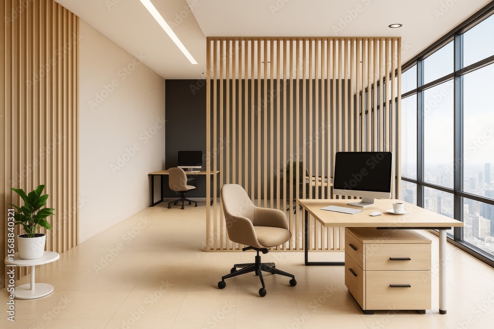 Poster Modern minimalist open space office with wood partitions, neutral tones, and large windows overlooking a cityscape in daylight. Ai generative.