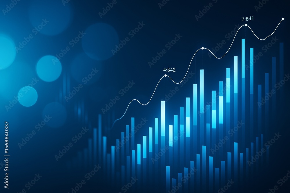 Poster Abstract light blue bar chart with data points on dark background showing business growth and analytics concept in digital style. Ai generative.