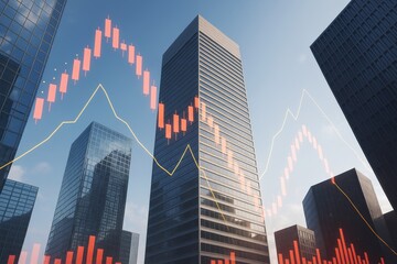 Modern high-rise office buildings with stock market graph overlays in daylight urban setting reflecting business and finance concept background.