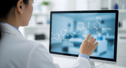 Scientist analyzing complex molecular structure on a computer screen in a bright laboratory