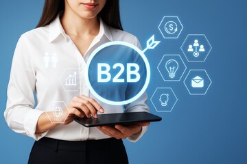 Businesswoman using tablet with B2B digital interface and icons on blue background, symbolizing modern business technology concept..