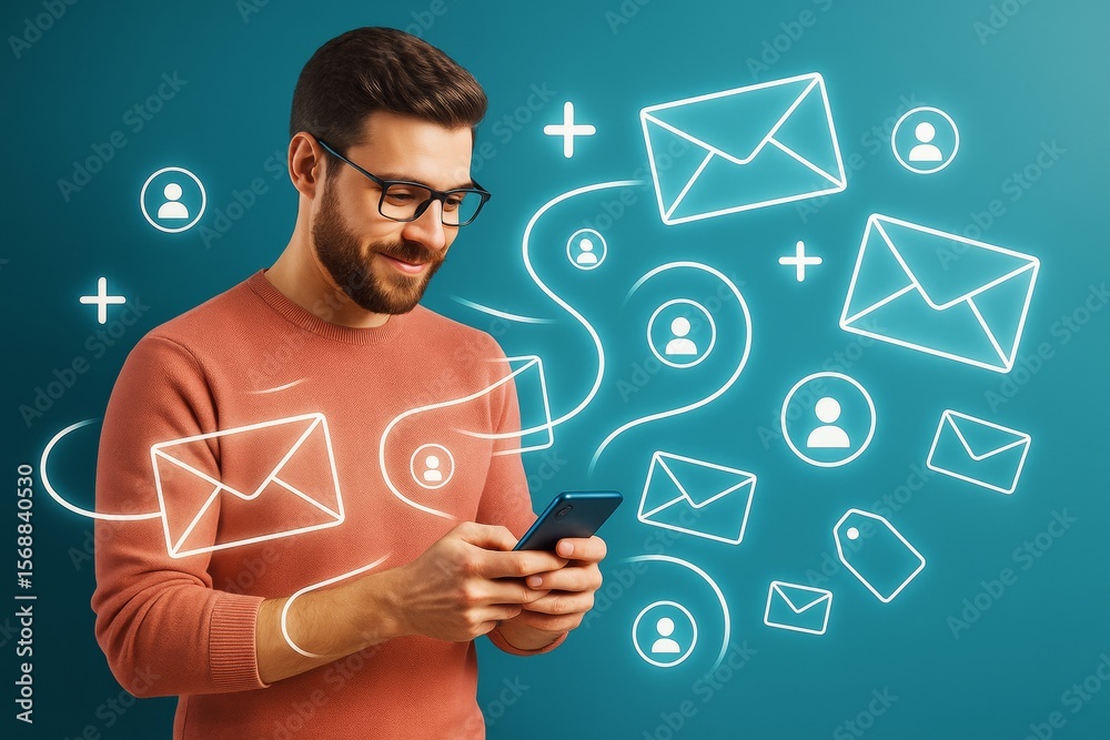 Poster Smiling man using smartphone with abstract message and contact icons on light business background concept of communication and networking.