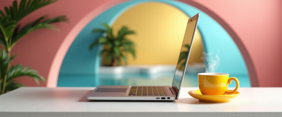 Laptop hot drink and tropical plants near a pool pastel colored background