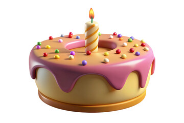 Cute cartoon birthday cake with pink frosting and colorful sprinkles isolated on transparent background