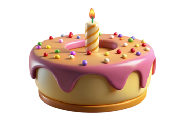 Cute cartoon birthday cake with pink frosting and colorful sprinkles isolated on transparent background