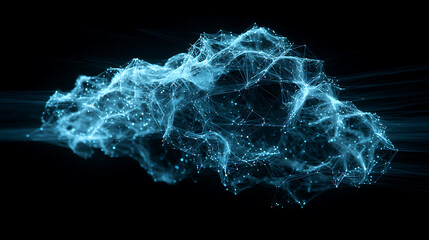 Abstract blue cloud with glowing links, floating in darkness, symbolizing futuristic connectivity and innovation.