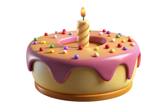 Cute cartoon birthday cake with pink frosting and colorful sprinkles isolated on transparent background - Powered by Adobe