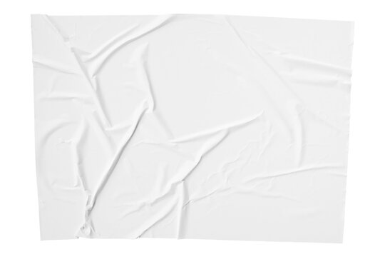 Blank white crumpled paper poster texture background. White paper wrinkled poster template isolated on transparent background.