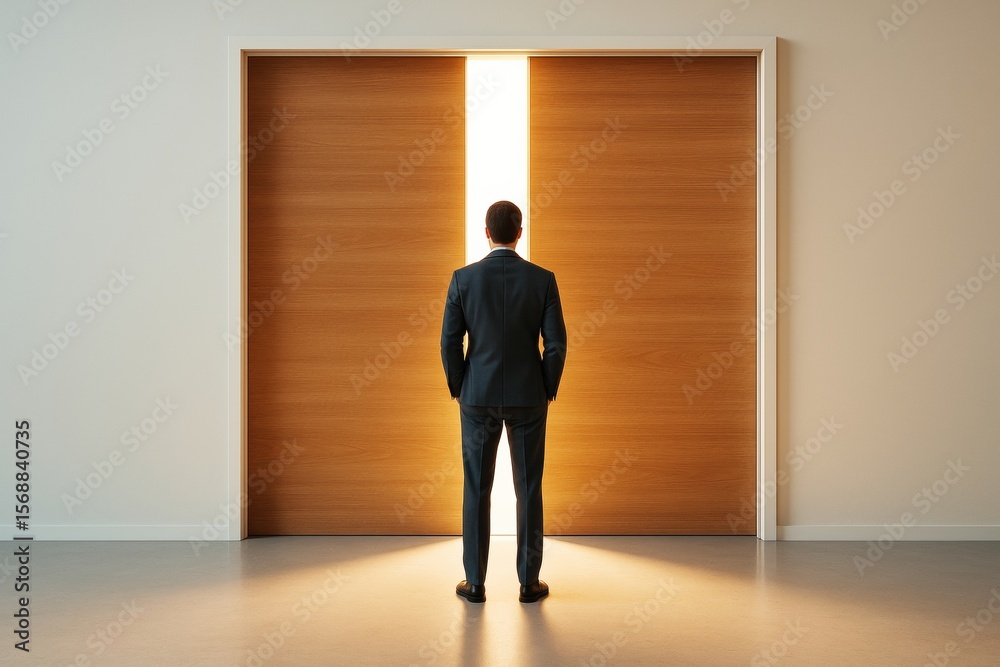 Poster businessman standing in front of slightly open wooden doors with bright light shining through in mod