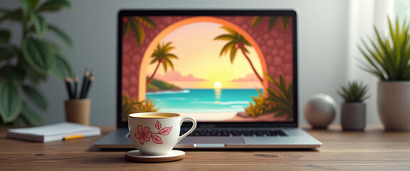 Laptop displaying tropical beach sunset scene mug with floral design on wooden desk