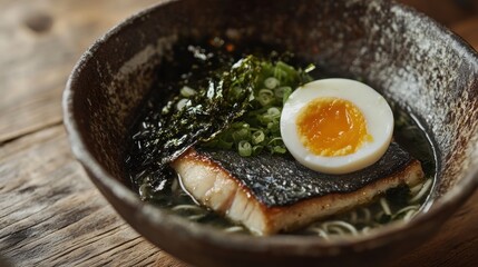 Bowl of dark noodles with egg