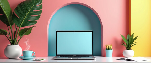 Laptop with Blank Screen on White Desk Pink and Teal Walls Plants Coffee