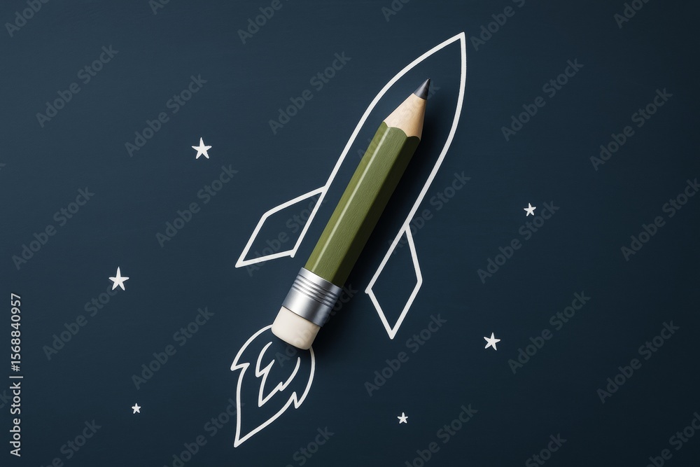 Poster creative concept of a pencil as a rocket launching into space drawn on dark background symbolizing i