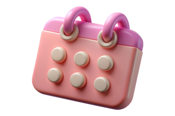 Cute pink 3d calendar icon with round buttons isolated on transparent background
