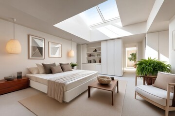 Modern bedroom with skylight and minimalist design elements