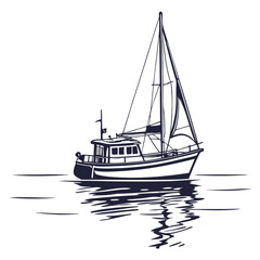 Vintage Rowboat and Tree Silhouette Vector Illustration

